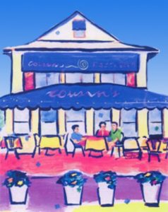 painting of people eating outside a resturant